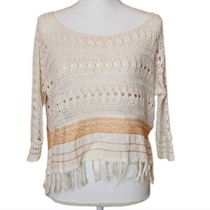 Free People Cream & Orange Crochet Fringe Lightweight Boho Beach Top XS